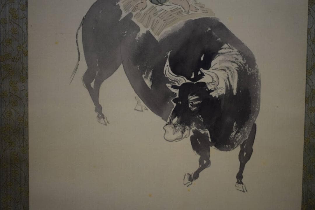 真作/山川永雅/梅牧童図/桐共箱二重箱付/布袋屋掛軸HG-987