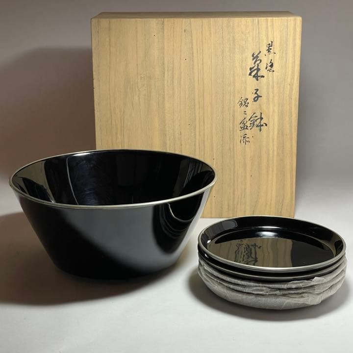 ◆黒漆菓子器と銘々皿五枚 京漆器 三象漆園造 高級漆器◆