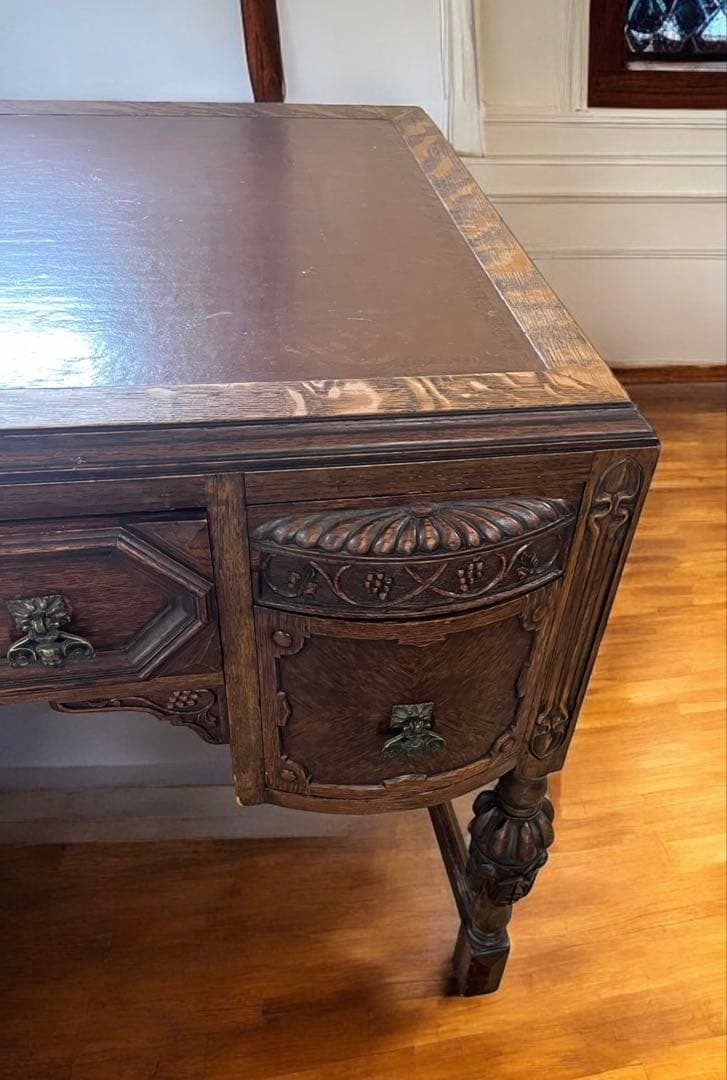 英国 アンティーク家具 デスク オーク 大型 真鍮 レザー張り