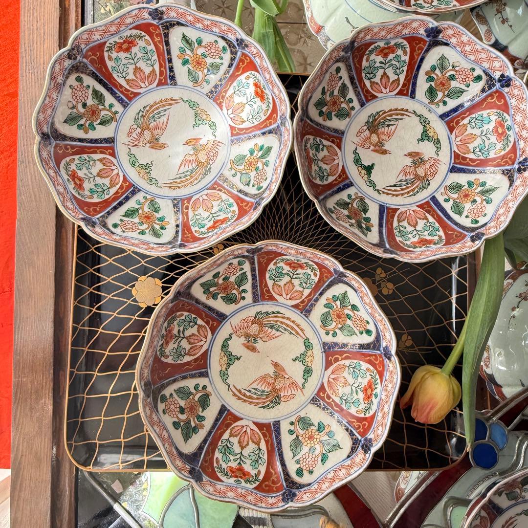 2189様感謝‼️節目に明治上手柿右衛門手『桐花鳳凰文様』切支丹皿松梅桐菊5客