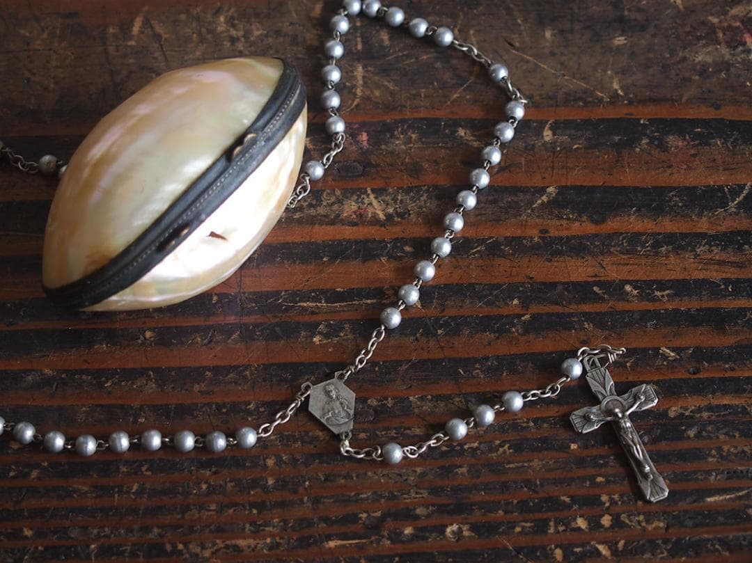 マザーオブパールのケース&ロザリオ 十字架 20世紀 聖遺物/K191
