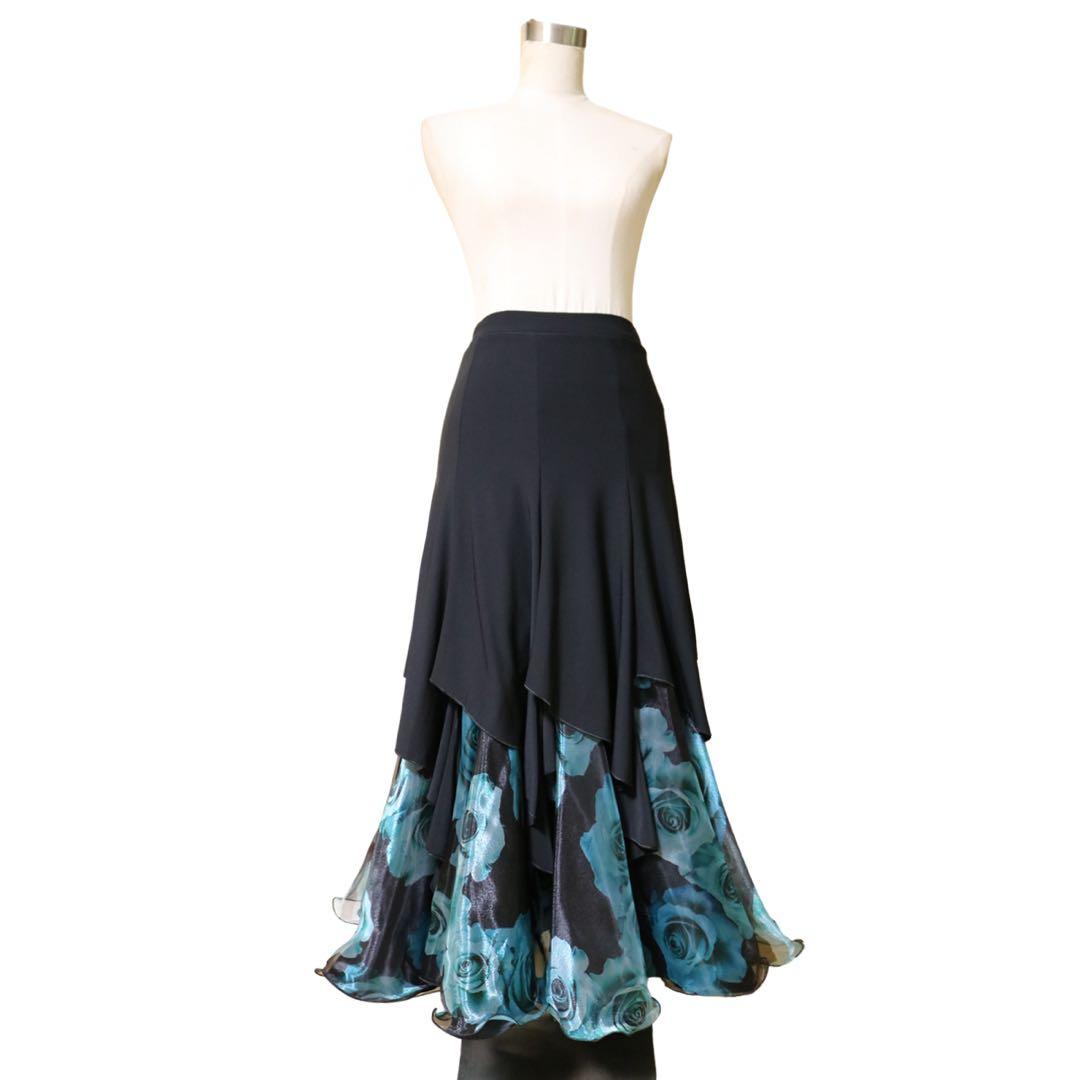 【新品/即納/匿配】社交ダンスセット/スカート&トップス/黒土台のエメ緑系ローズ