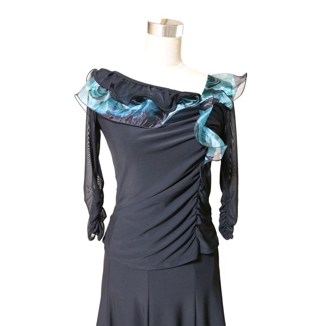 【新品/即納/匿配】社交ダンスセット/スカート&トップス/黒土台のエメ緑系ローズ