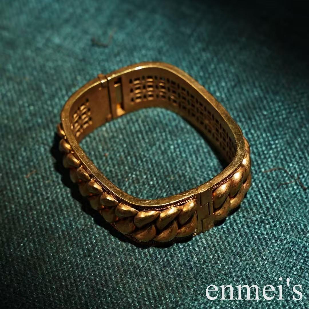 中国古美術・純銅鎏金掐絲工芸ブレスレット・純手作り・細密彫・透かし浮彫・純銅製