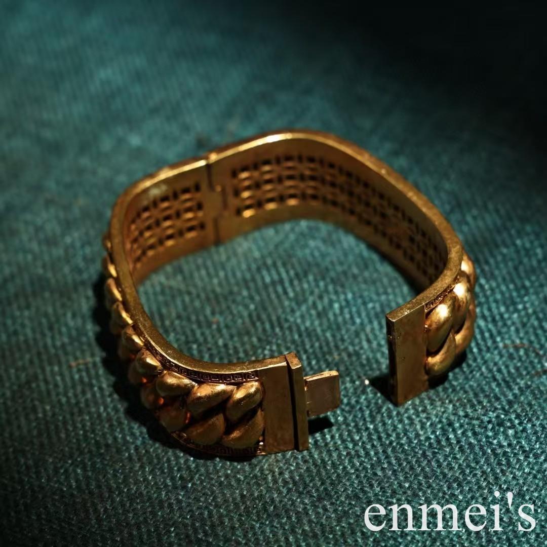 中国古美術・純銅鎏金掐絲工芸ブレスレット・純手作り・細密彫・透かし浮彫・純銅製