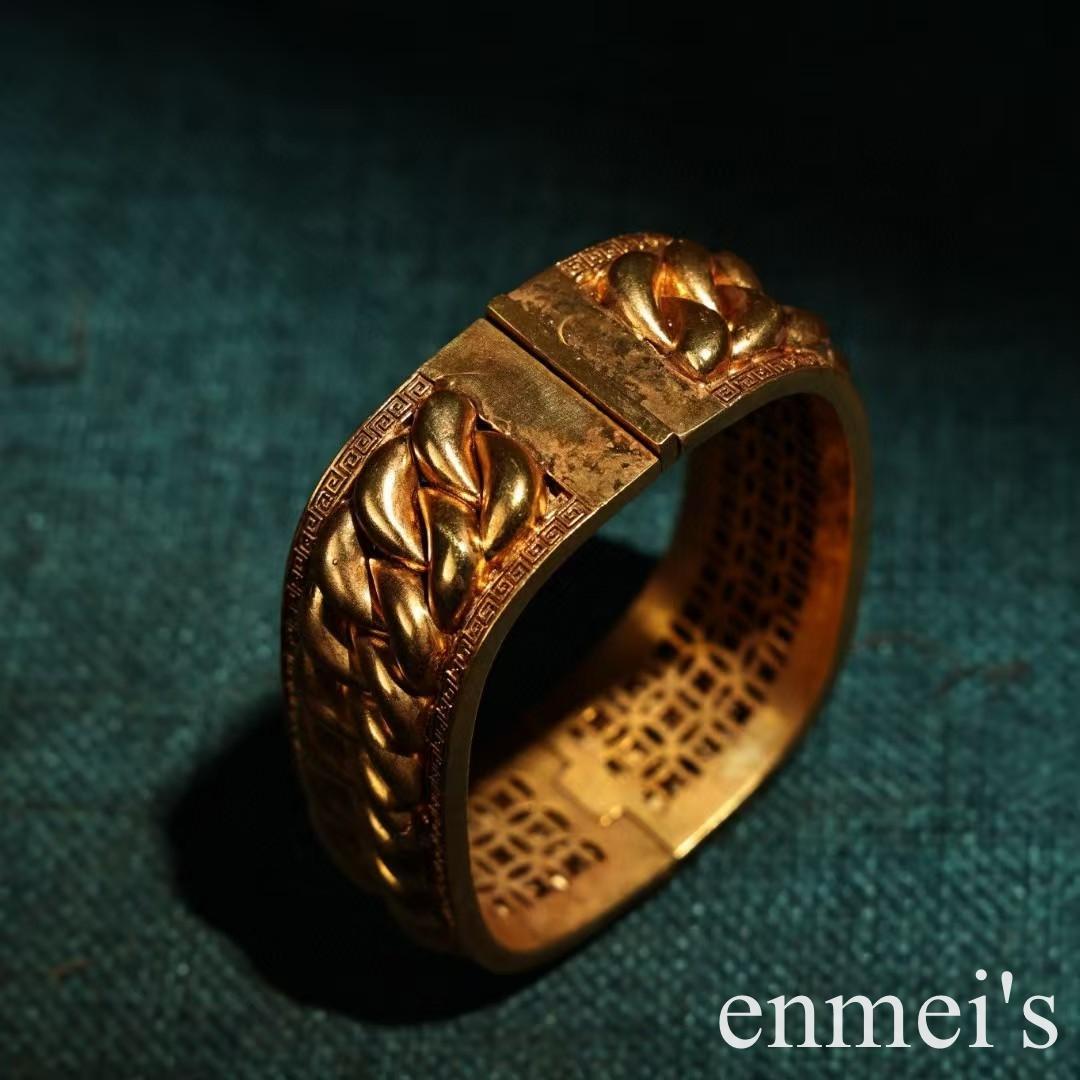 中国古美術・純銅鎏金掐絲工芸ブレスレット・純手作り・細密彫・透かし浮彫・純銅製