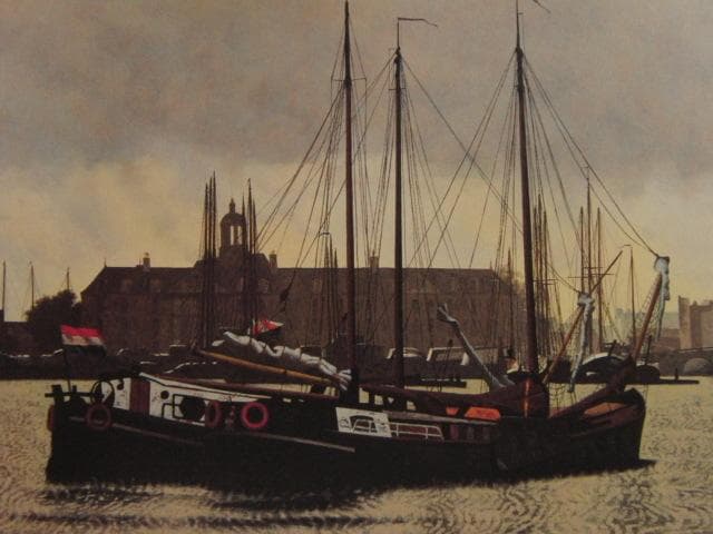 森下武、【アムステルダムの港】、希少な額装用画集画、新品高級額 額装付