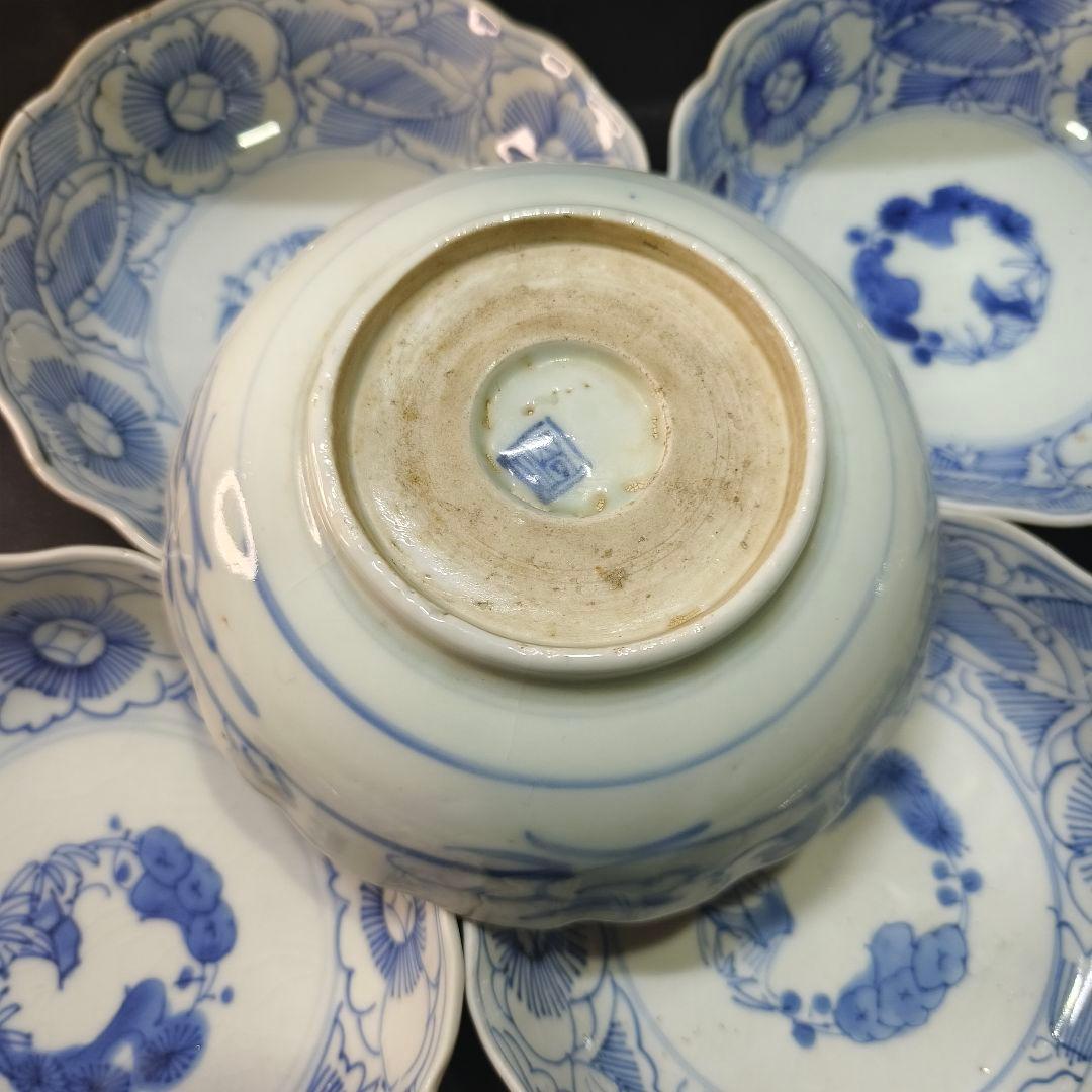 古伊万里 染付け膾皿 なます皿 松竹梅 手描き 在銘 旧家蔵出美品 未使用骨董