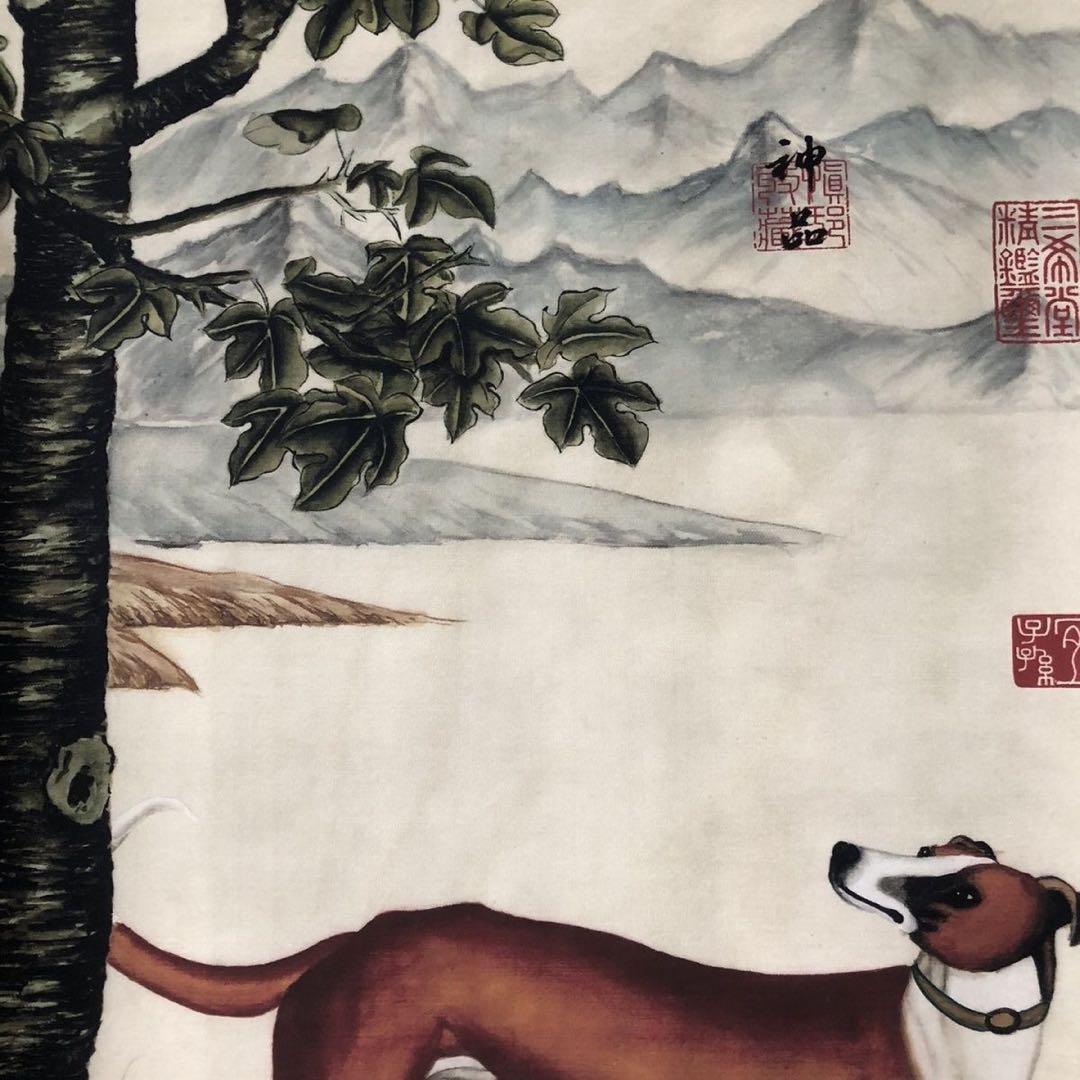 【掛軸】動物図「犬」郎世寧風 三尺中堂／紙本表装済み 174×77cm