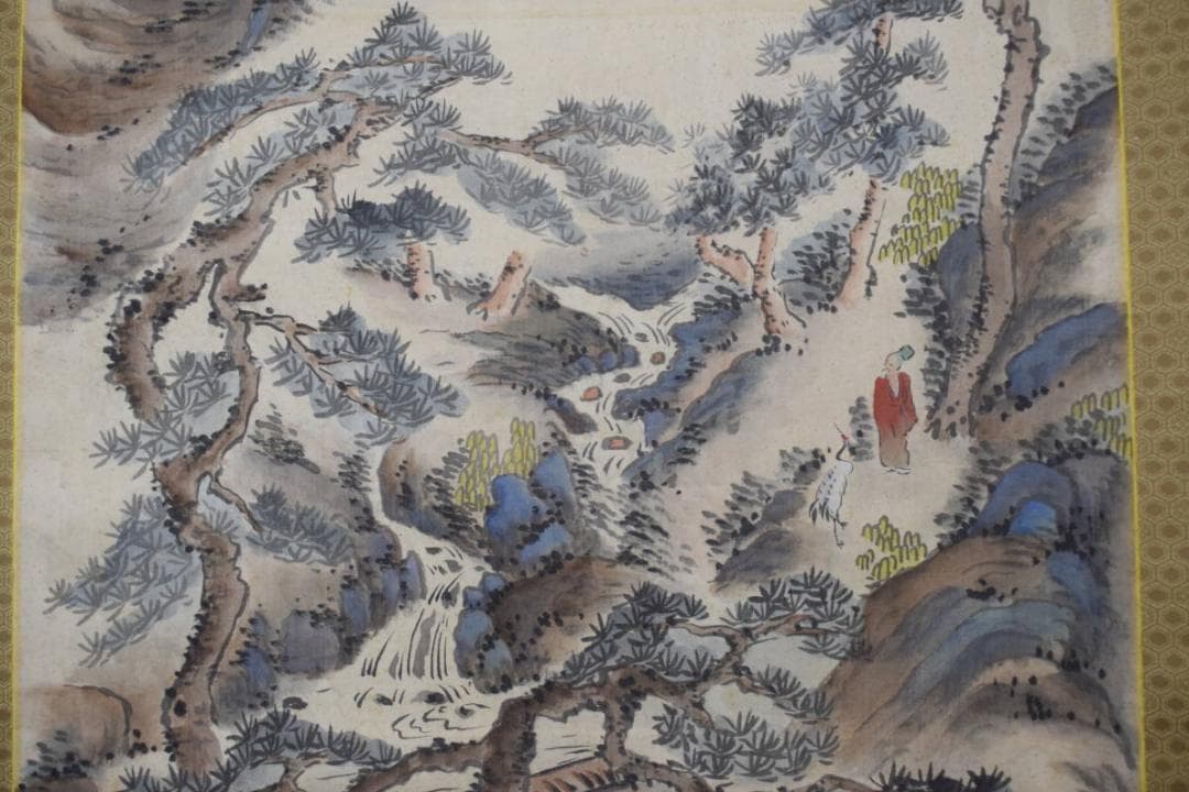 静山/塔山水人物図/掛軸☆宝船☆Y-783　JM