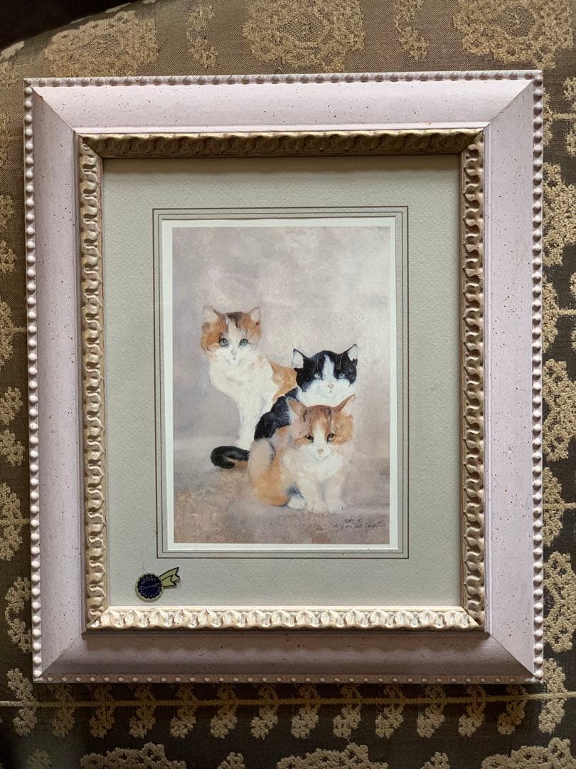 新品ドマンイタリア製インテリアアート額装複製画水彩画クロシロ猫ハチワレ茶白猫の絵