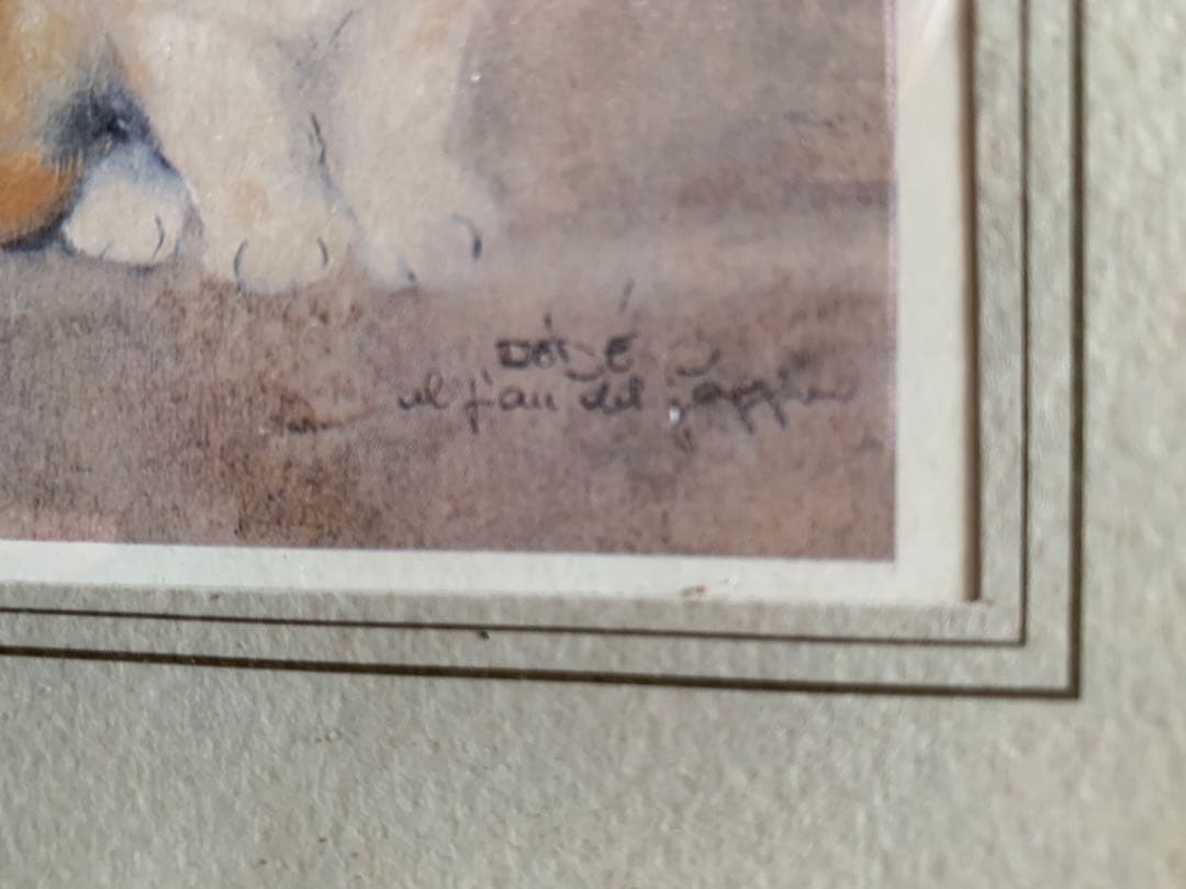 新品ドマンイタリア製インテリアアート額装複製画水彩画クロシロ猫ハチワレ茶白猫の絵