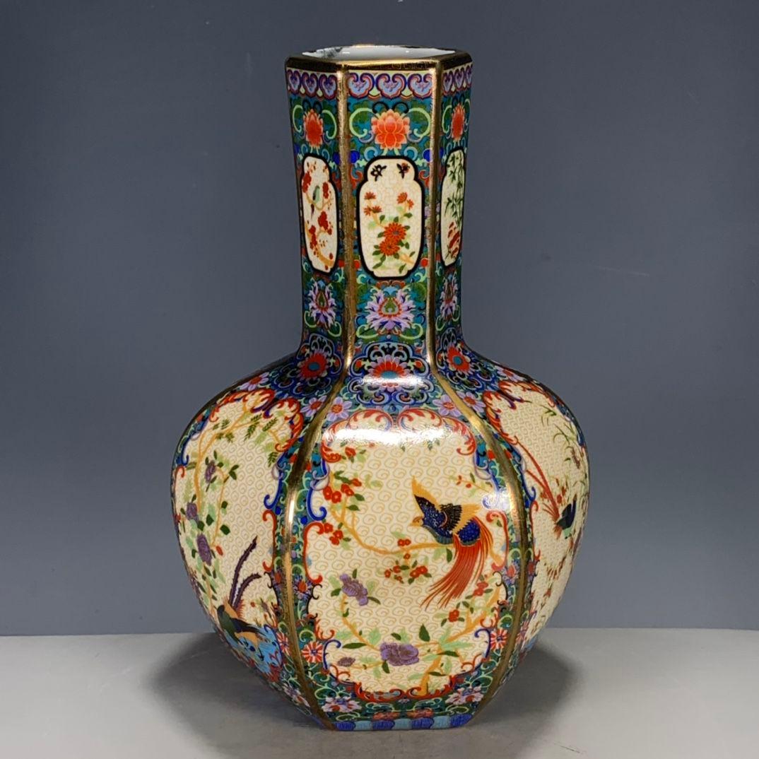 清代雍正粉彩蒔金花鳥多稜天球瓶  景徳鎮 陶磁器 装飾品 工芸品 美術品 置物
