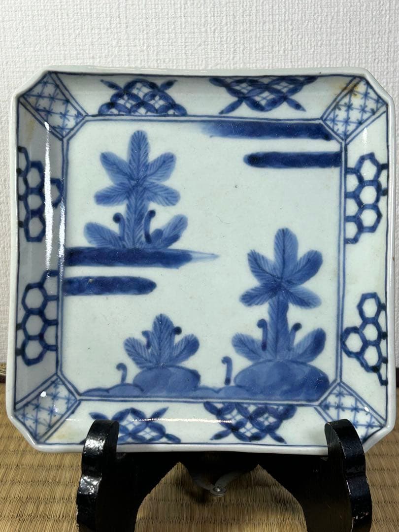 古伊万里《若松紋》角皿　江戸時代 4枚　無傷