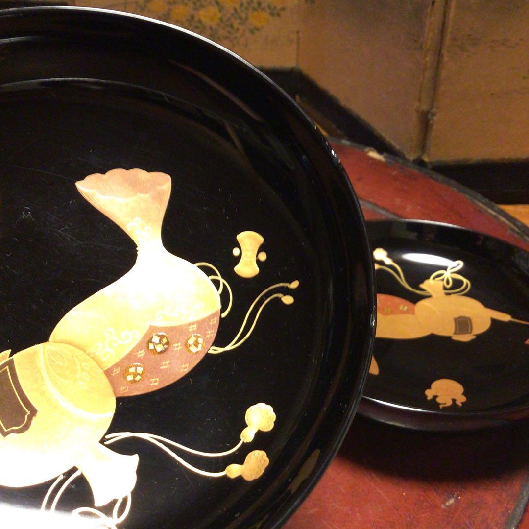 A852 木製輪島塗　　　高級黒塗　宝尽紋様蒔絵　吸物椀　　煮物椀　　5客