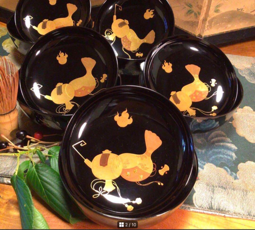A852 木製輪島塗　　　高級黒塗　宝尽紋様蒔絵　吸物椀　　煮物椀　　5客