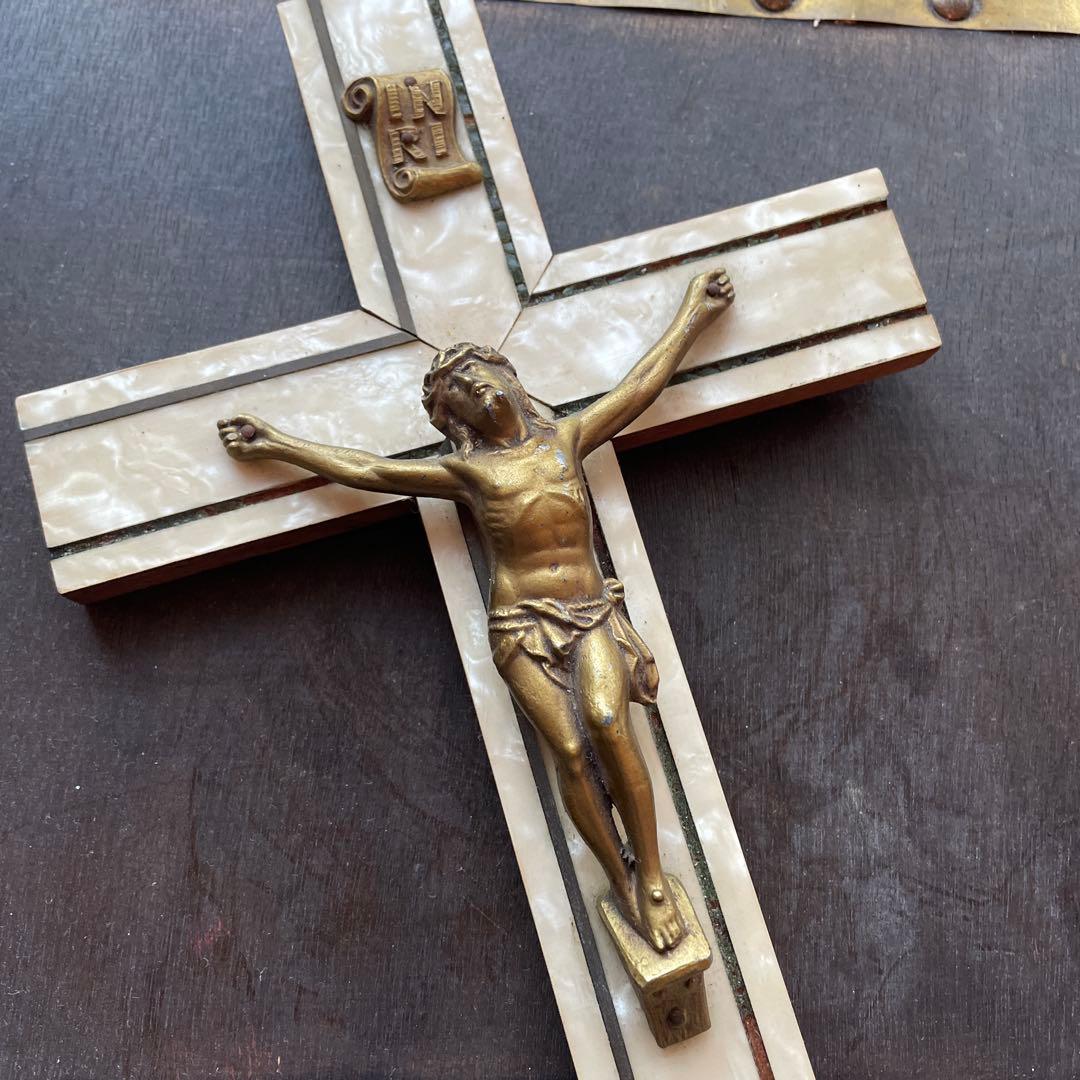 フランス　ブロカント　キリスト　十字架　キリスト教　磔刑　オブジェ　真鍮　木製