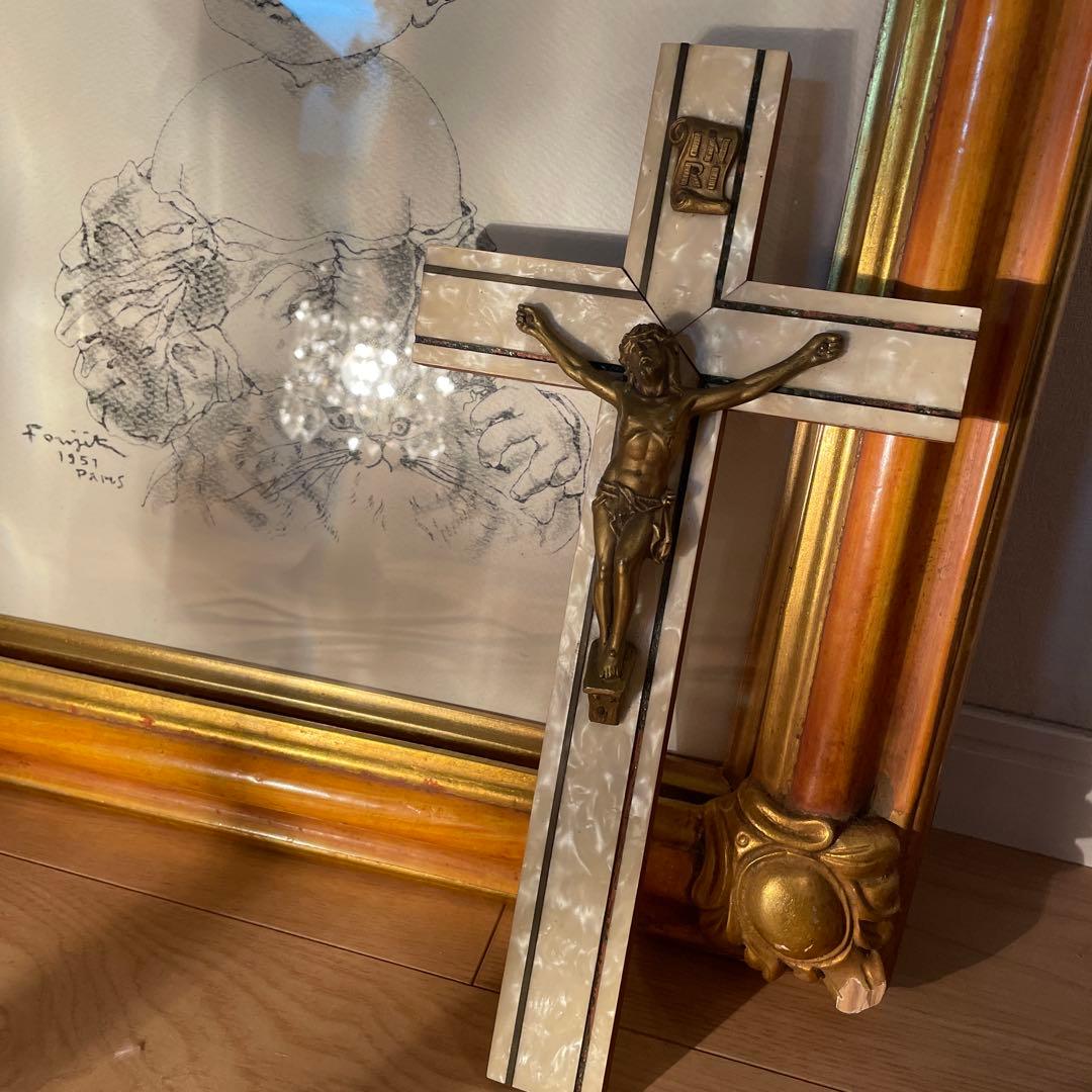 フランス　ブロカント　キリスト　十字架　キリスト教　磔刑　オブジェ　真鍮　木製