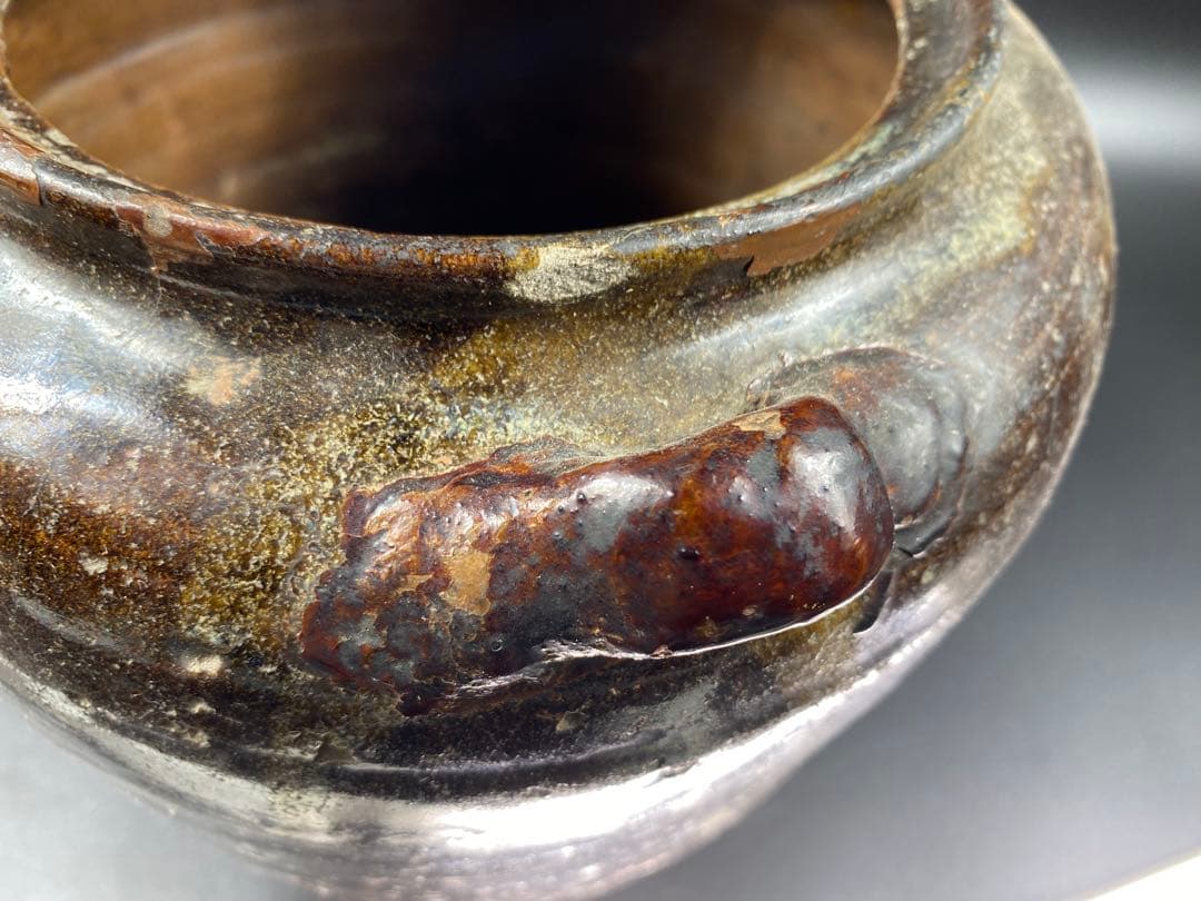 茶壺 耳付 古唐津 古薩摩 黒高麗 李朝 骨董 古玩 時代物 高21.7cm