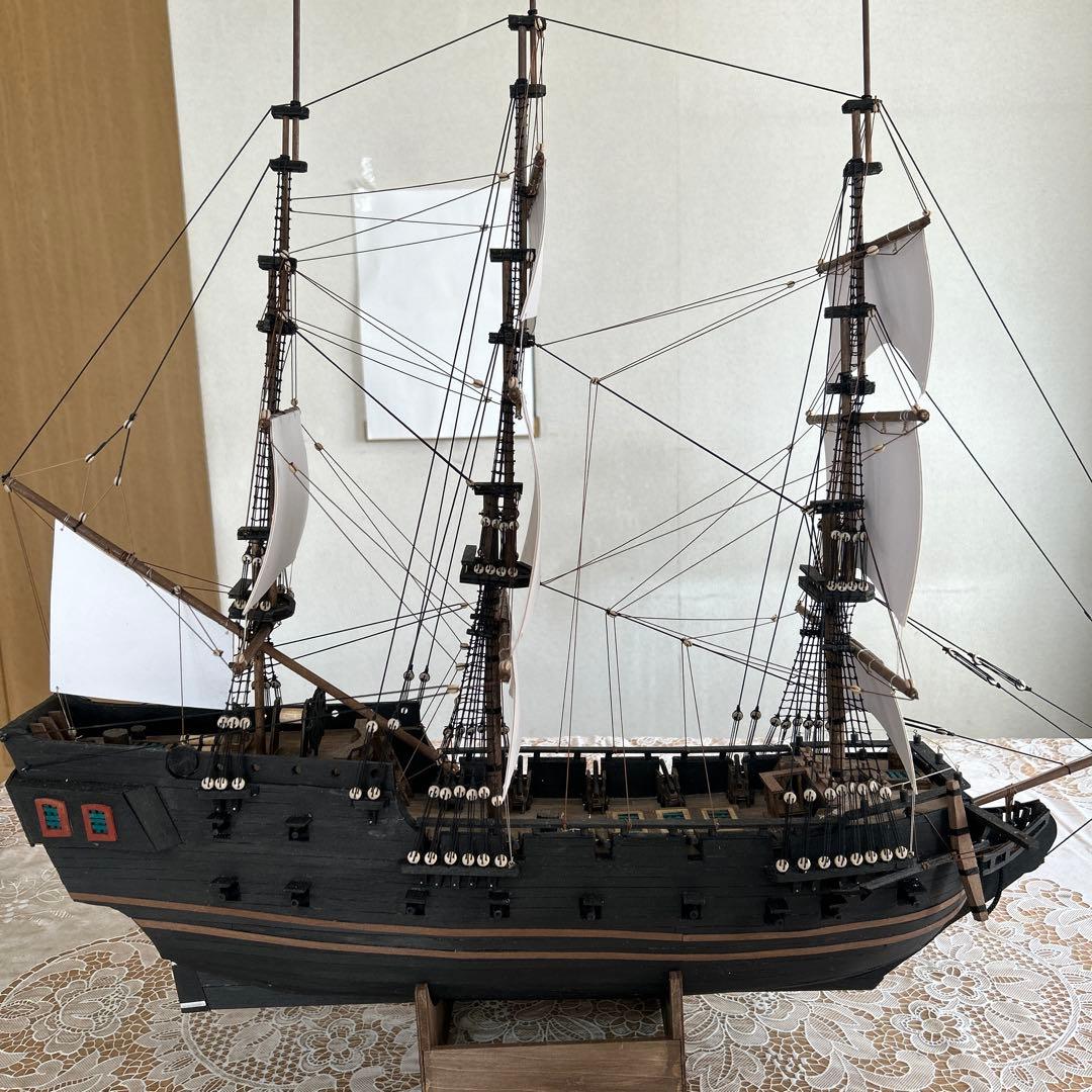 木製帆船模型　船台付き (帆船part2-T) (全てハンドメイド)