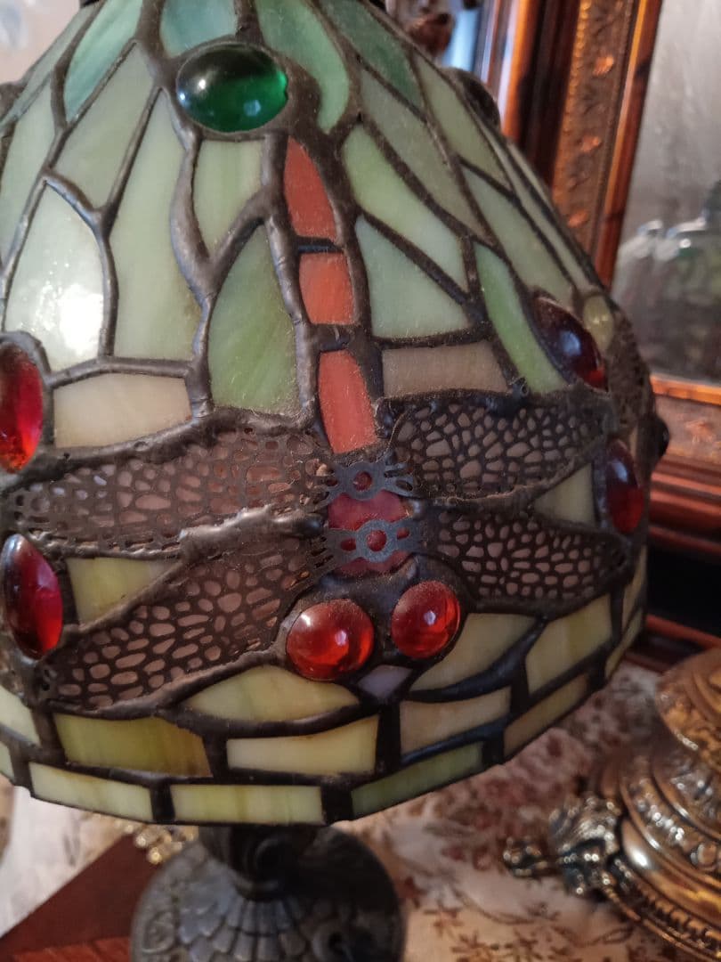 アンティーク　トンボステンドグラスランプ　アールヌーボー