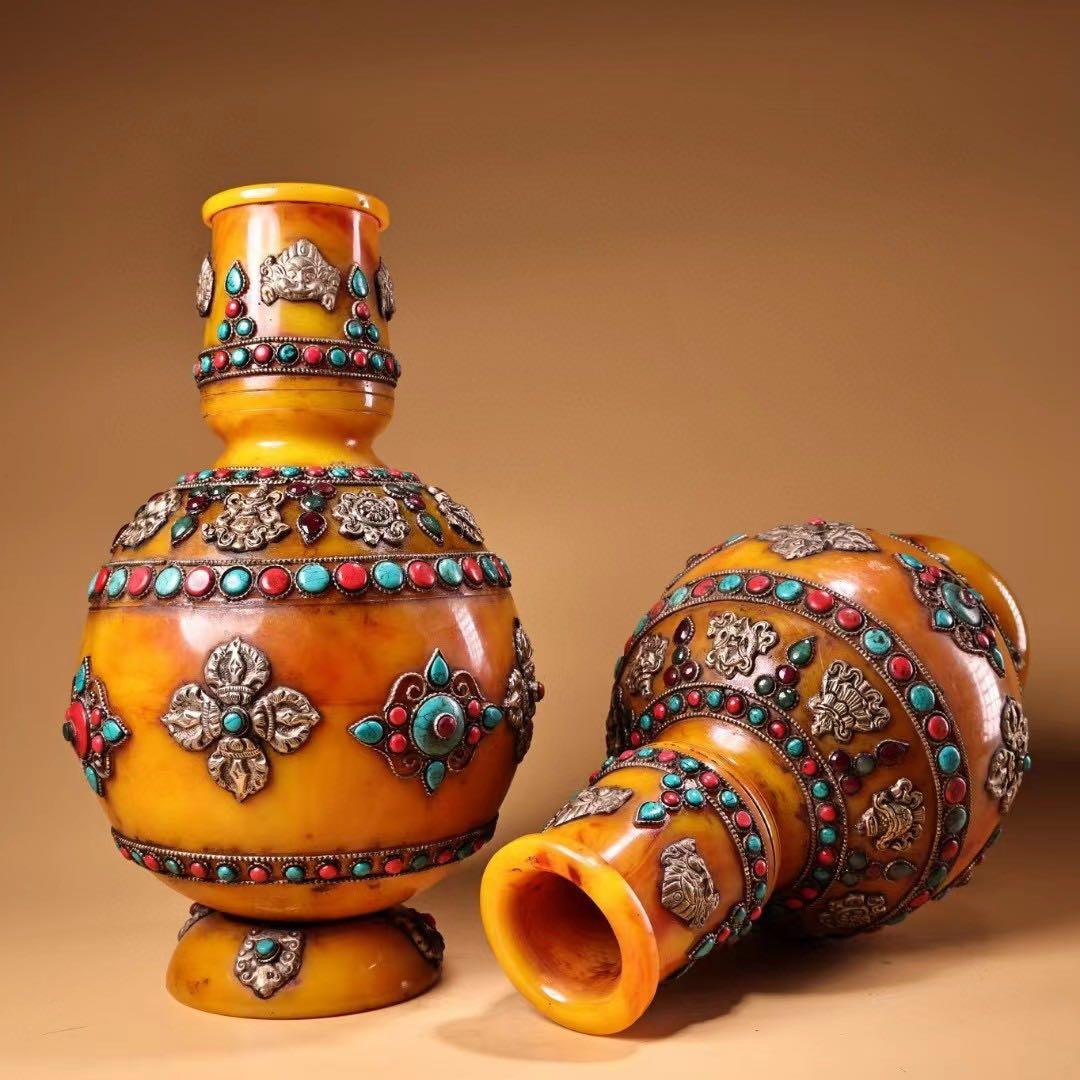 中国古美術・チベット収· 老蜜蝋純手作り・宝石掐糸多宝花瓶一対・蔵伝工芸・文房具
