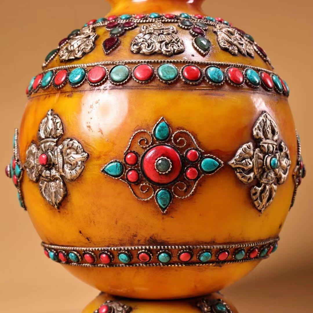 中国古美術・チベット収· 老蜜蝋純手作り・宝石掐糸多宝花瓶一対・蔵伝工芸・文房具