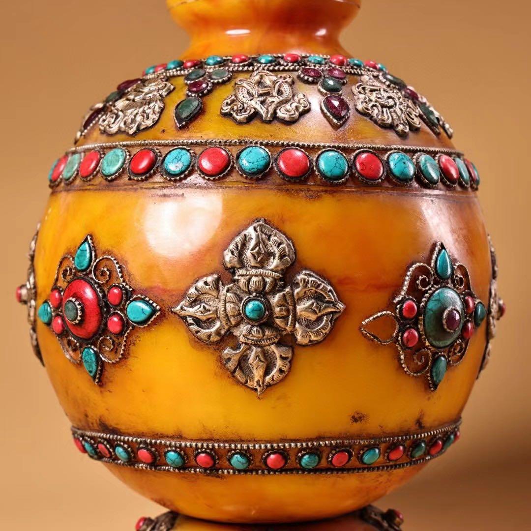 中国古美術・チベット収· 老蜜蝋純手作り・宝石掐糸多宝花瓶一対・蔵伝工芸・文房具