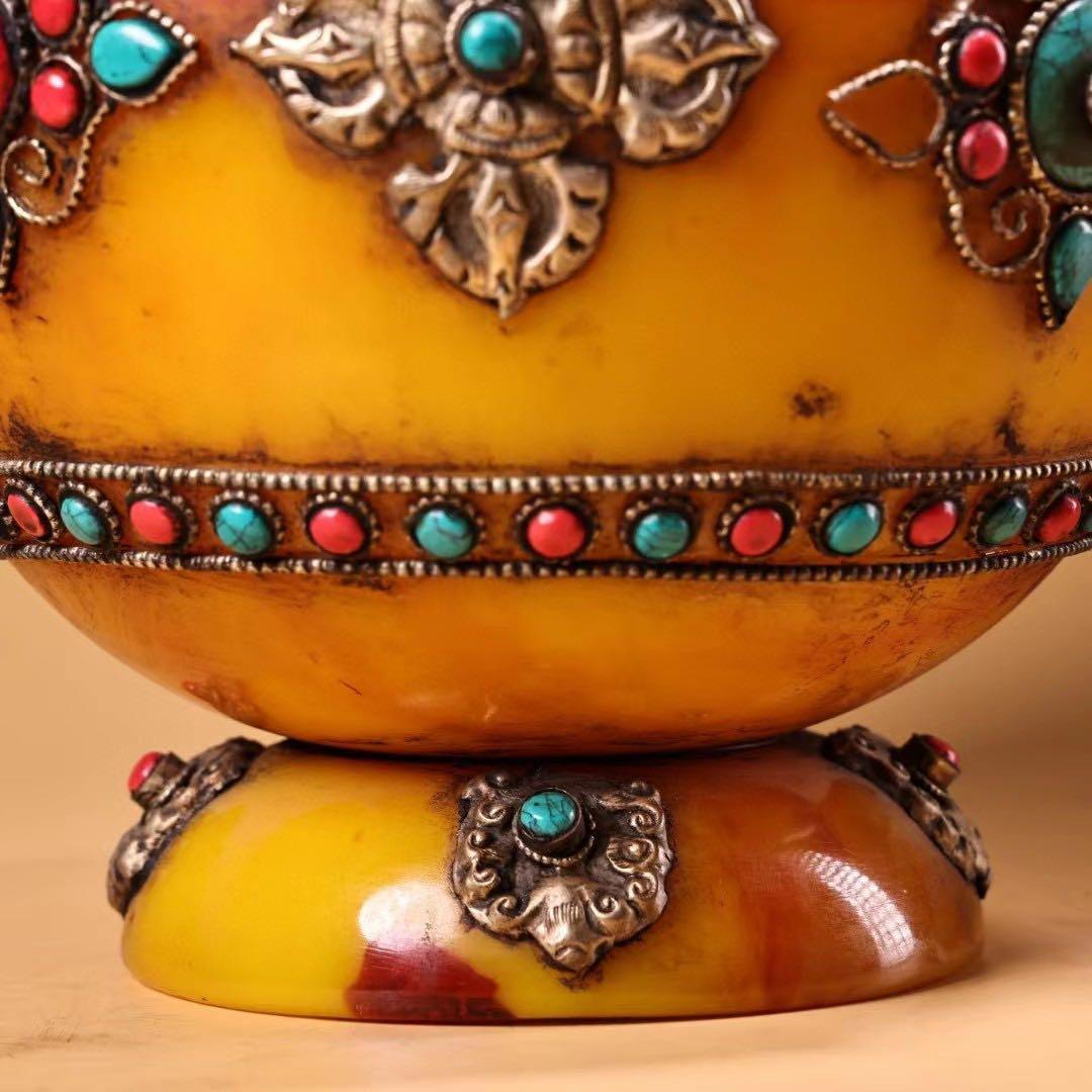 中国古美術・チベット収· 老蜜蝋純手作り・宝石掐糸多宝花瓶一対・蔵伝工芸・文房具