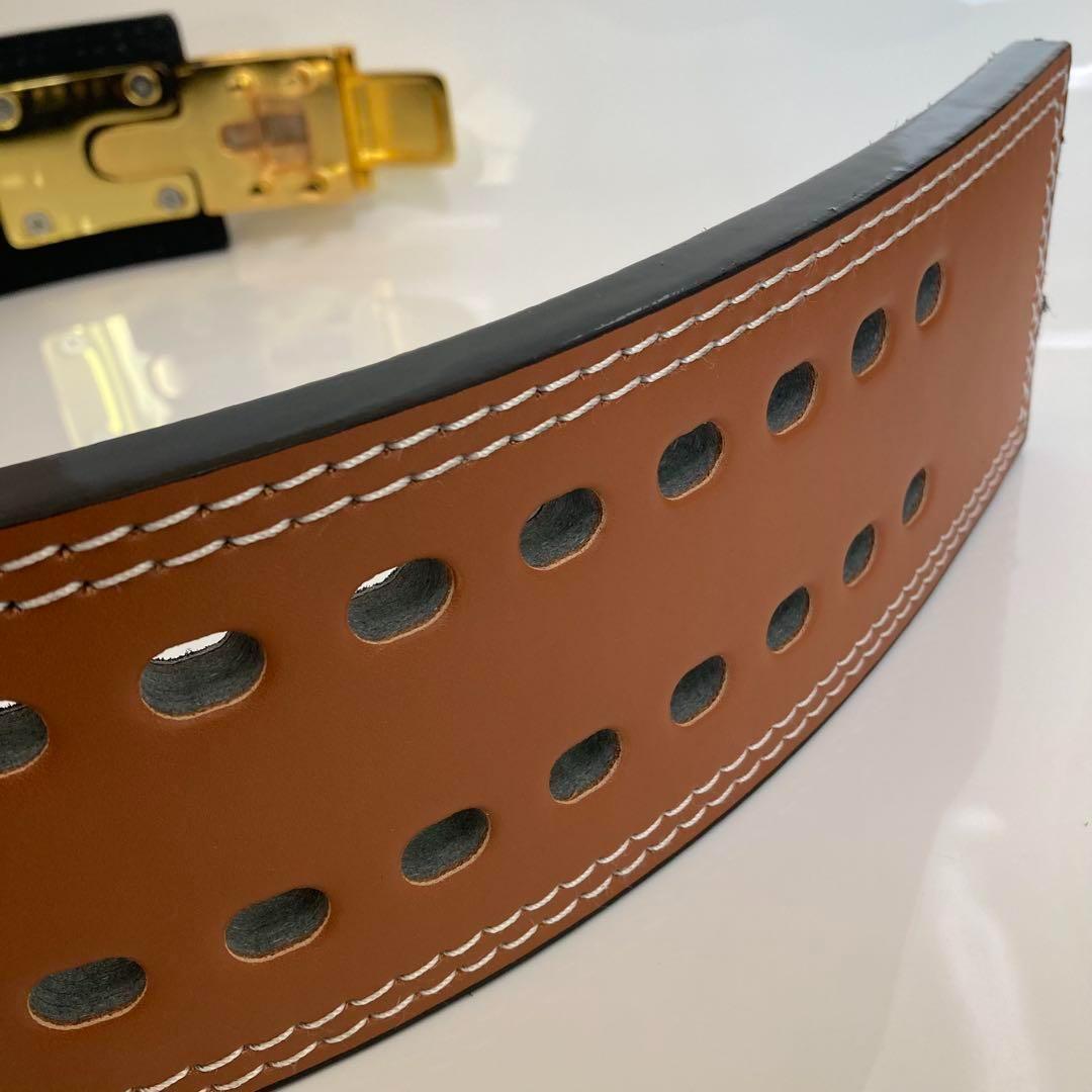 【訳あり】パワーベルト レバーアクション ワンタッチ可変式 ブラウン×金 本革