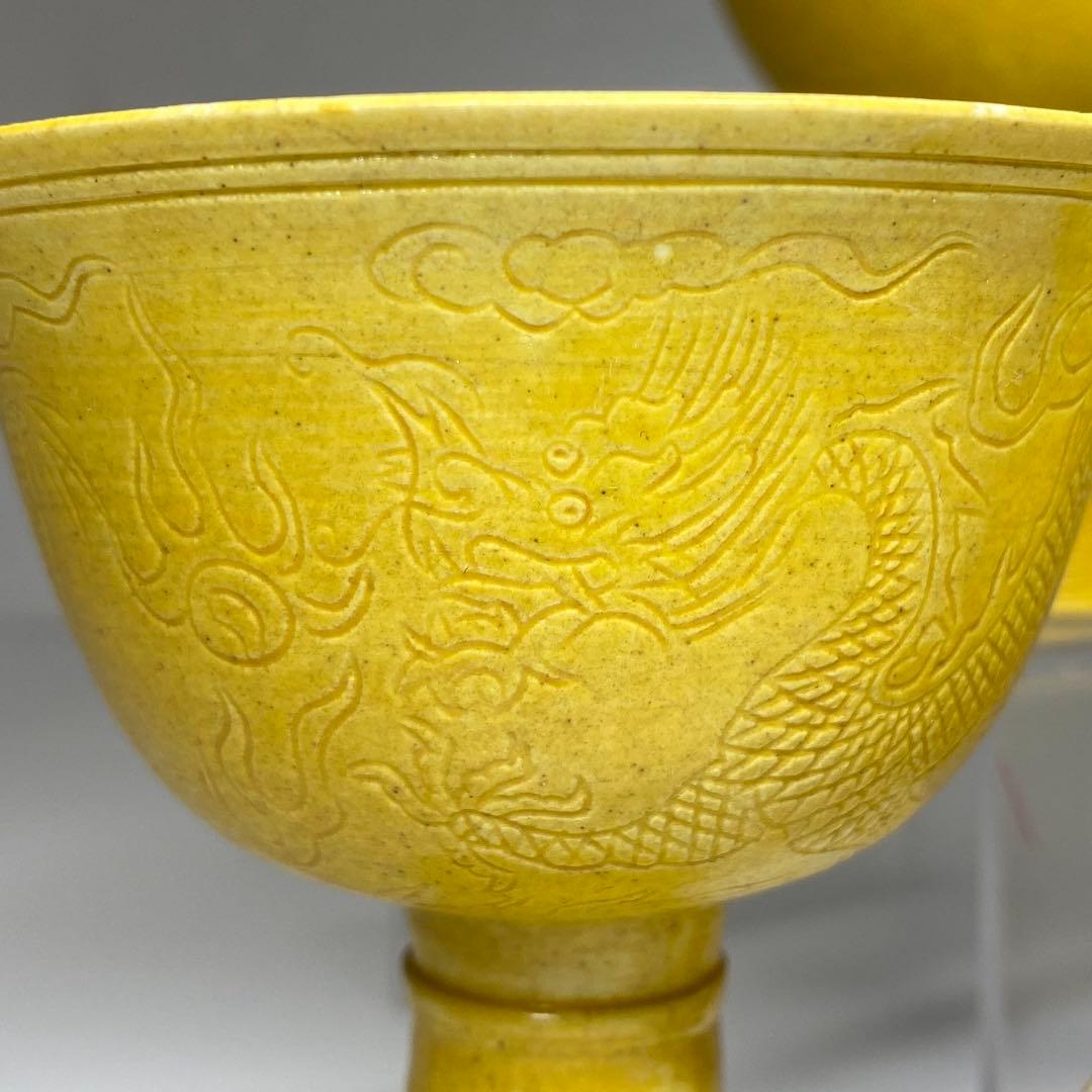 中国美術　大清康熙年製　黄釉馬上杯3客　高さ約9.5㎝　東Y7-0303☆2F