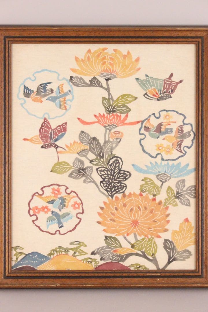 No5088 額装　染色画　花鳥　紅型　びんがた　琉球　伝統工芸　美術　送料無料