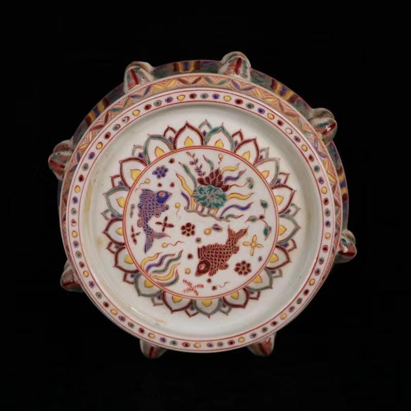 中国古美術✦大明宣徳紋 五彩 魚藻紋 筆洗✦置物・書道品・文房具・陶芸・観賞皿