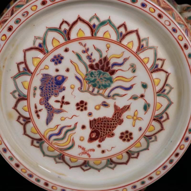 中国古美術✦大明宣徳紋 五彩 魚藻紋 筆洗✦置物・書道品・文房具・陶芸・観賞皿
