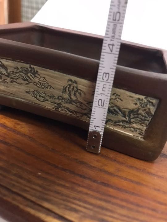 盆栽鉢　時代希少手捻り釘彫山水画常滑名工朱泥ミニ盆栽鉢小品盆栽鉢山野草鉢