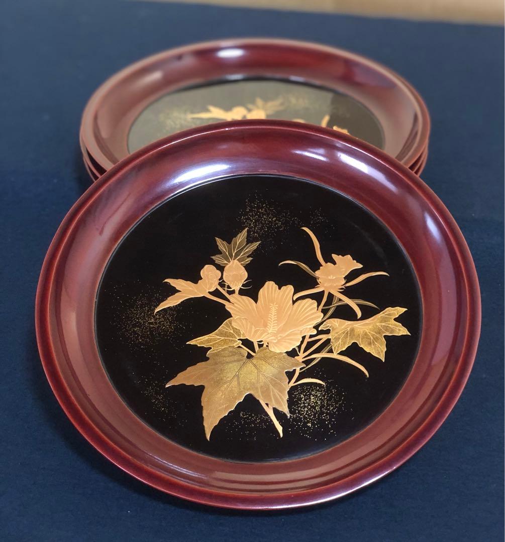 《R》蒔絵 丸盆 菓子盆4客 木製漆器 木箱　260128く2