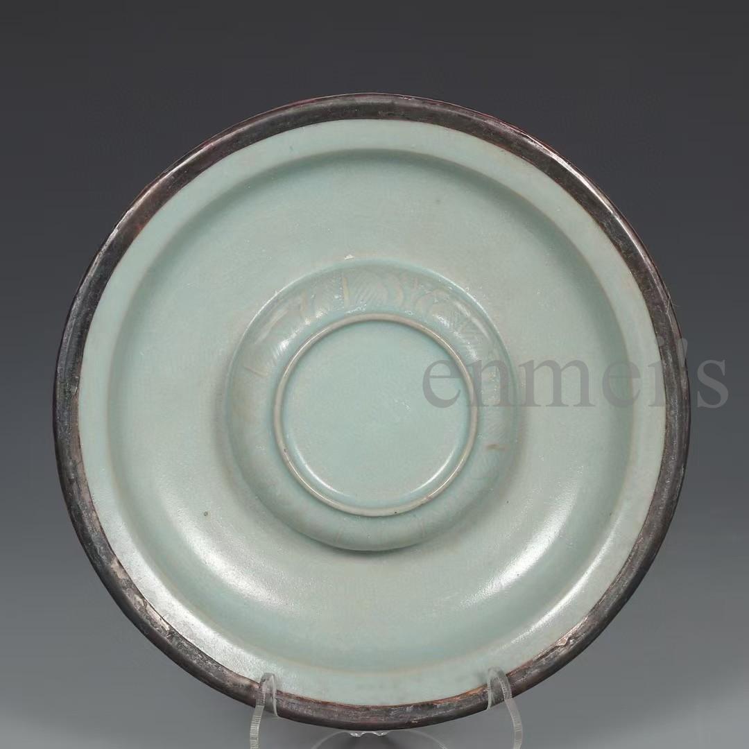 中国古美術・宋汝窯款天青釉「寿成殿」銀口盞托茶器セット・木箱付・文房具・煎茶道具