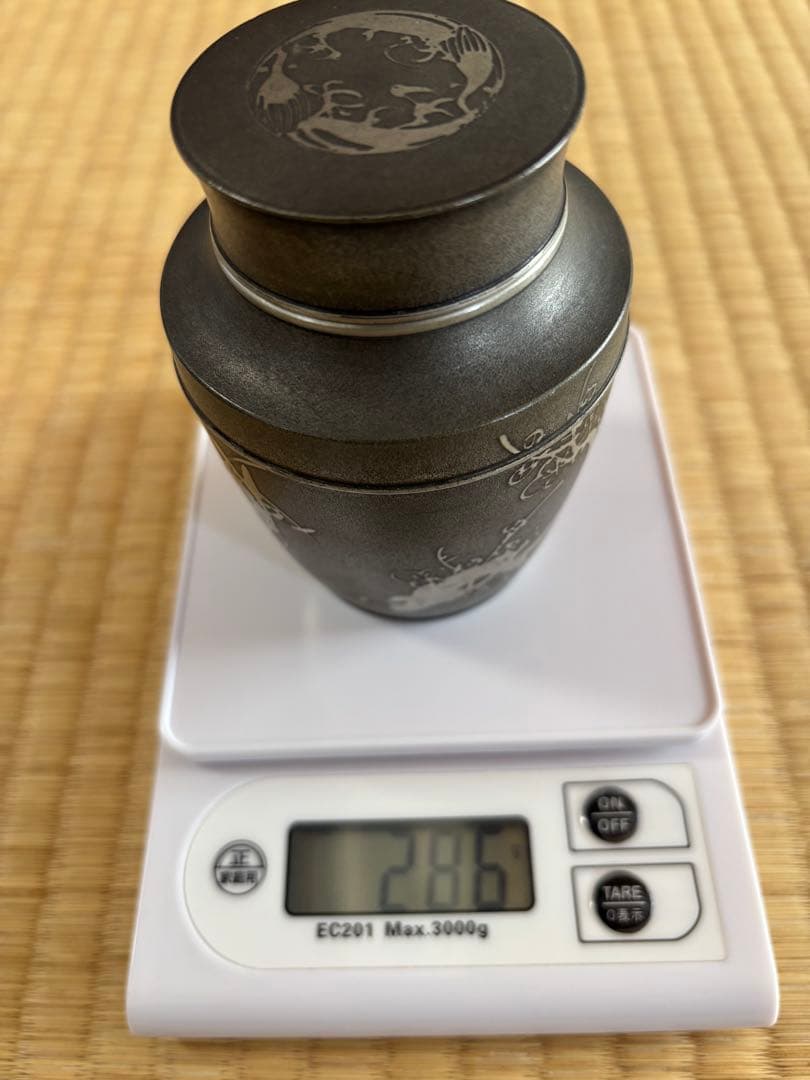 煎茶道具　錫製　林亭瑞製　茶入　茶心壺　細かい装飾　286g 幅7×高10㎝