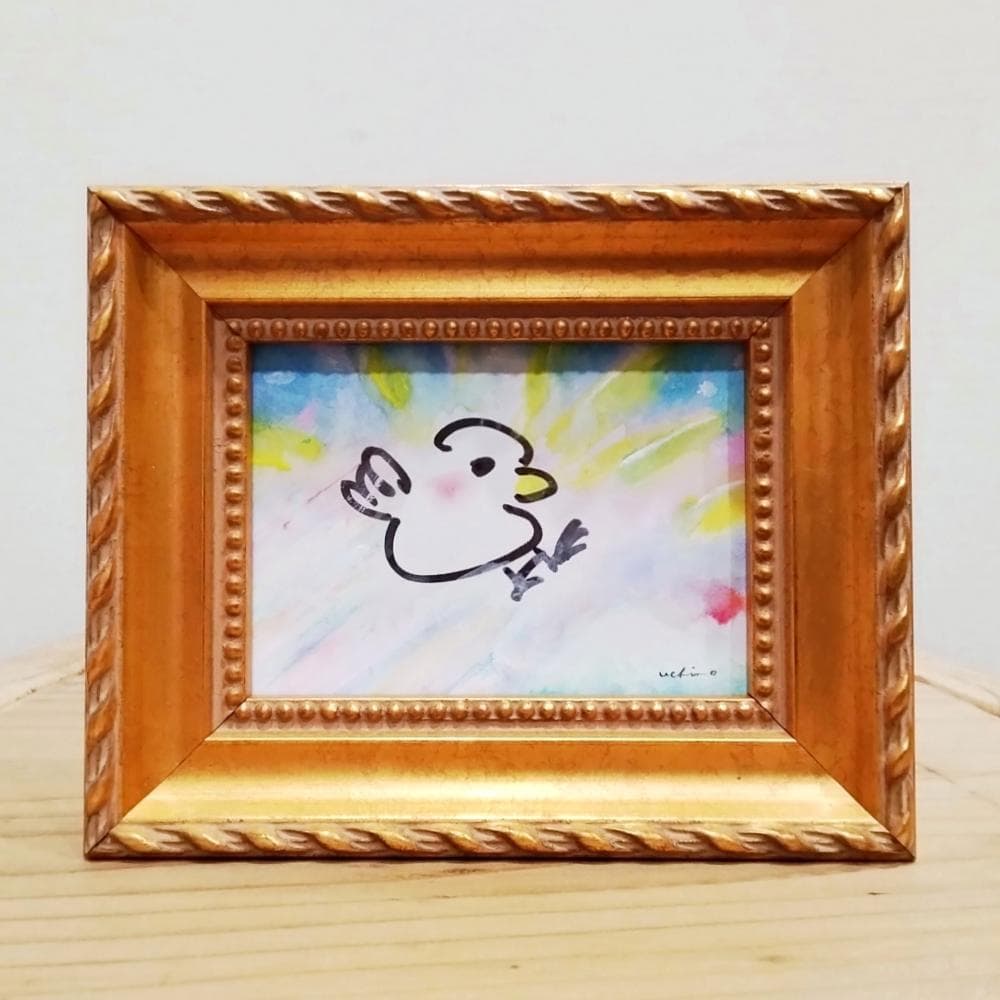 内野隆文　ぴょーん！　ドローイング　素描　鳥　カワイイ　現代アート　額縁　真作