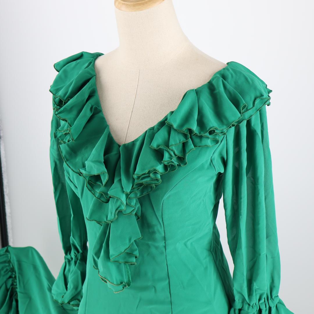 【美品 フラメンコ衣装】グリーン×イエロー×豪華フリル ブラウス ファルダ