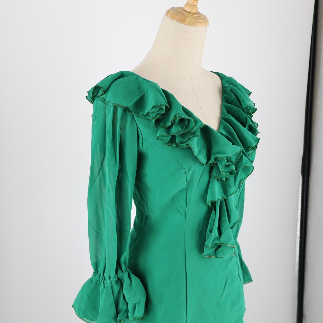 【美品 フラメンコ衣装】グリーン×イエロー×豪華フリル ブラウス ファルダ