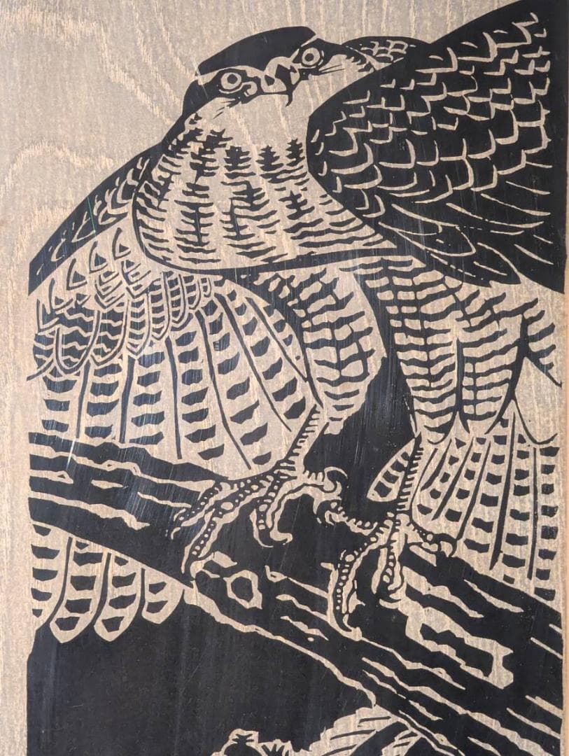 【真作】版画　徳力富吉郎　木版画　栗に鷹　木目を活かした重厚な一幅　Y48