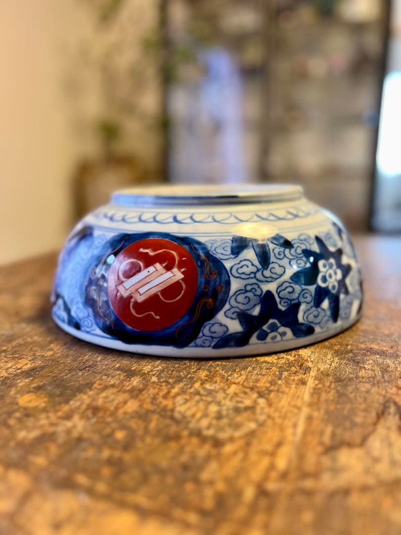 古伊万里　大鉢　色絵　赤絵　染付　二高台　食器　アンティーク　古道具