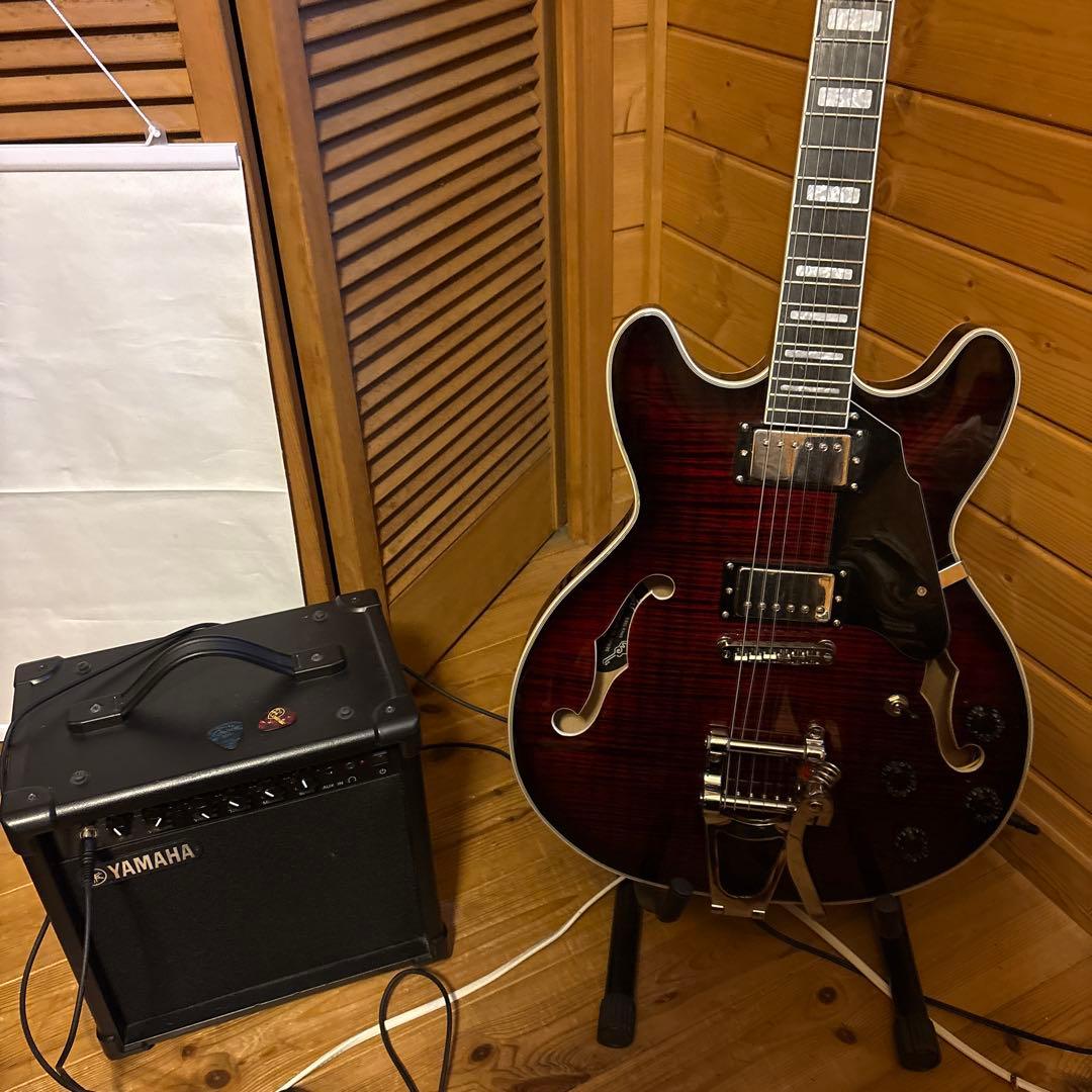 t*k様 赤いセミアコースティックギターとYamaha GA15IIアンプ