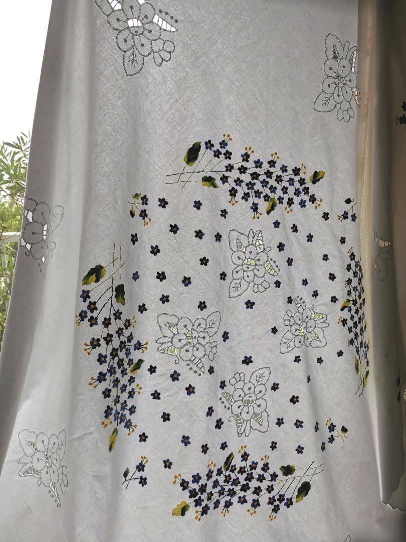 アンティークフランス 青と黄の小花刺繍 忘れな草 オープンカットワーク大判クロス