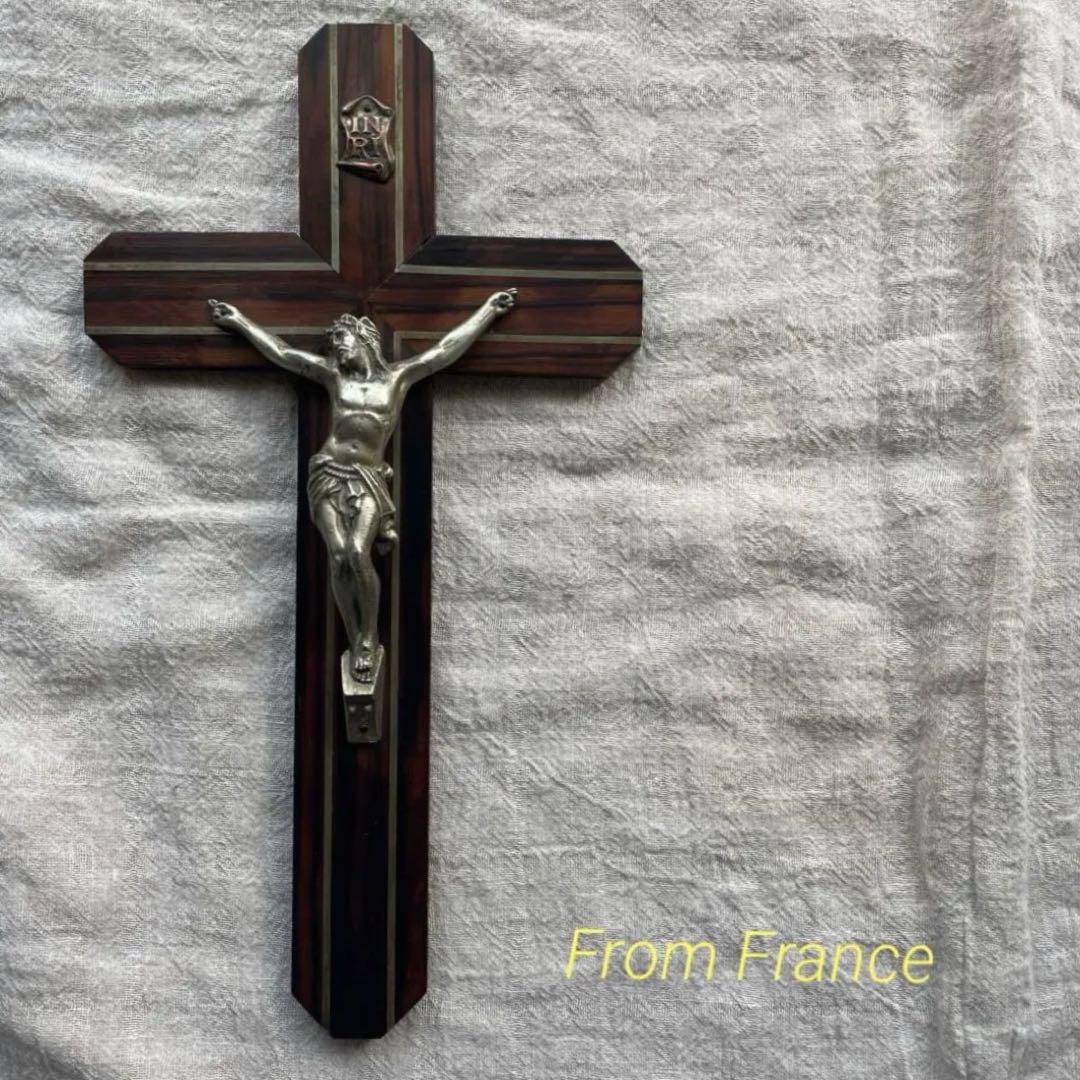 ブロカント　フランス　キリスト　磔刑　エボニー　十字架　壁掛け　真鍮　木製　黒檀