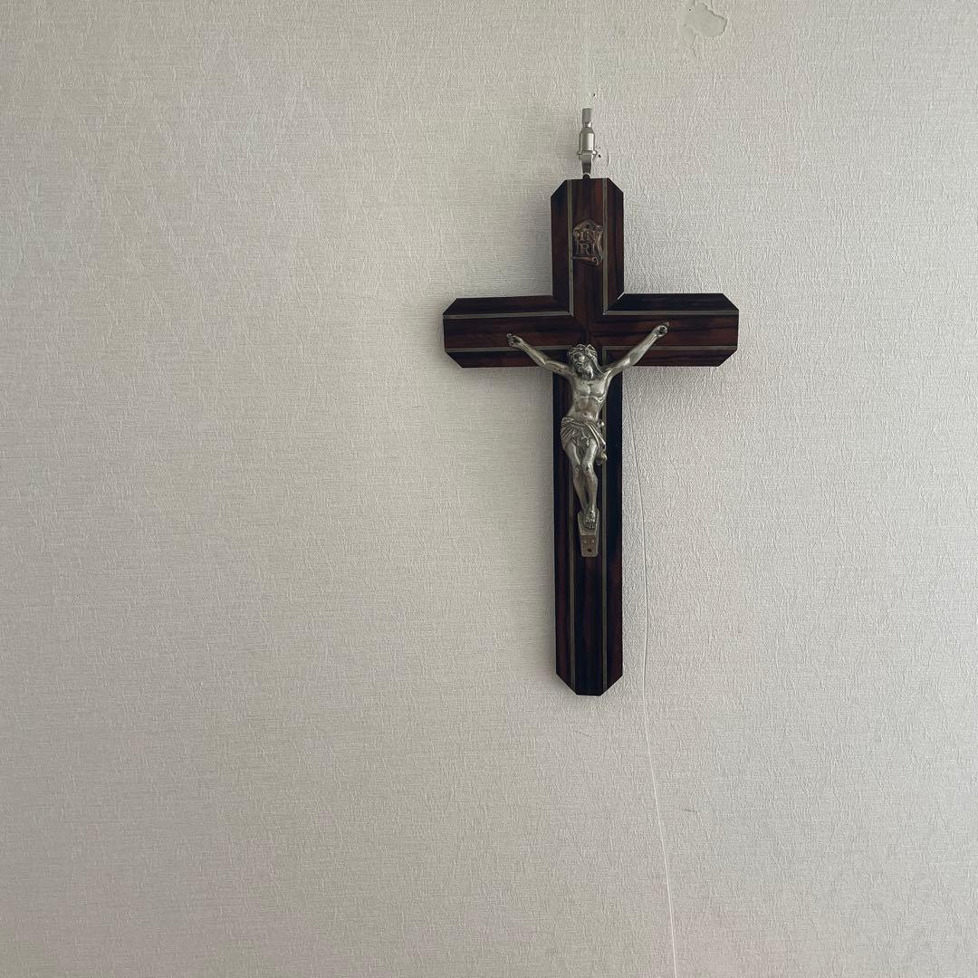 ブロカント　フランス　キリスト　磔刑　エボニー　十字架　壁掛け　真鍮　木製　黒檀