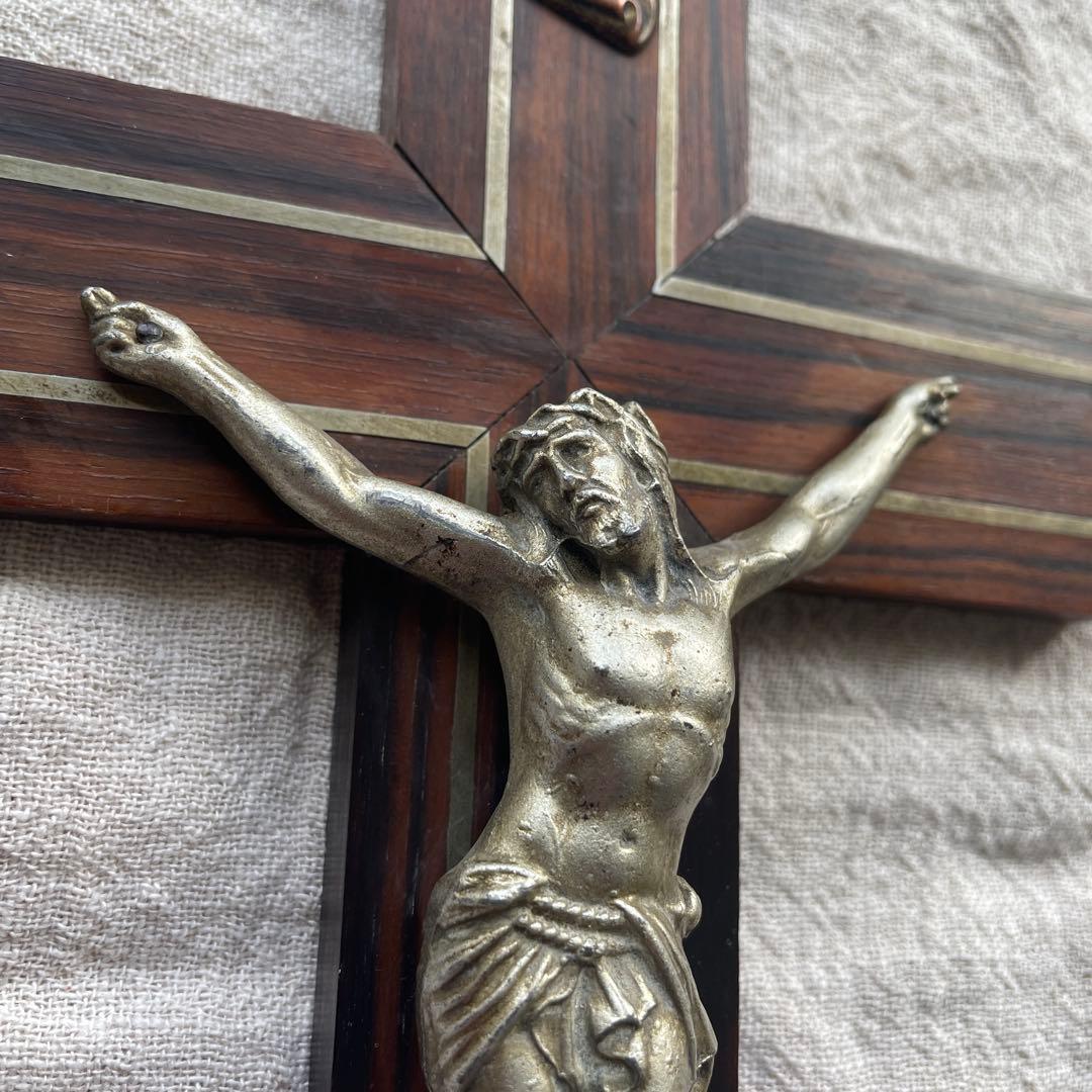 ブロカント　フランス　キリスト　磔刑　エボニー　十字架　壁掛け　真鍮　木製　黒檀