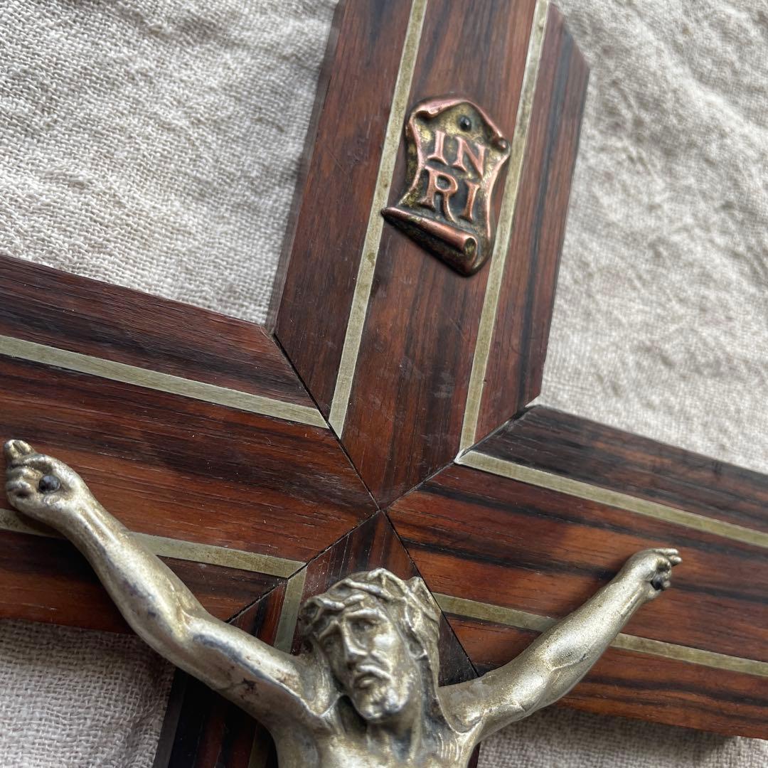 ブロカント　フランス　キリスト　磔刑　エボニー　十字架　壁掛け　真鍮　木製　黒檀