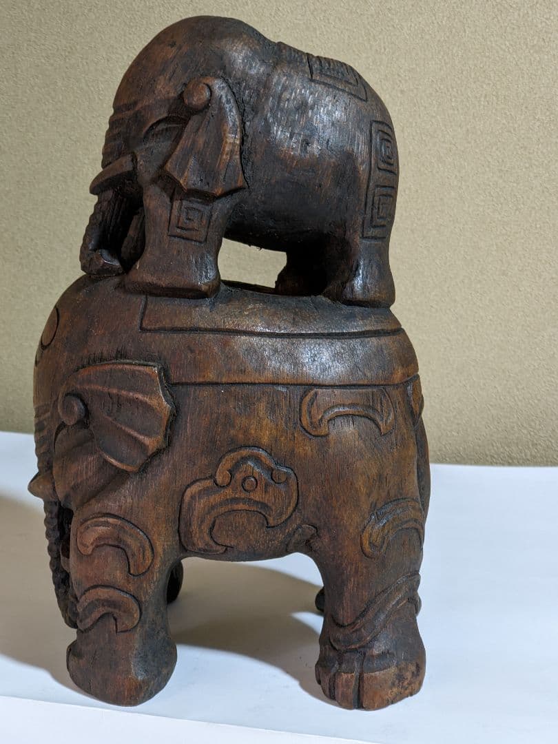 ♦中国古美術品 清時代 竹根 透かし彫り 親子象 置物飾り レア物 骨董品